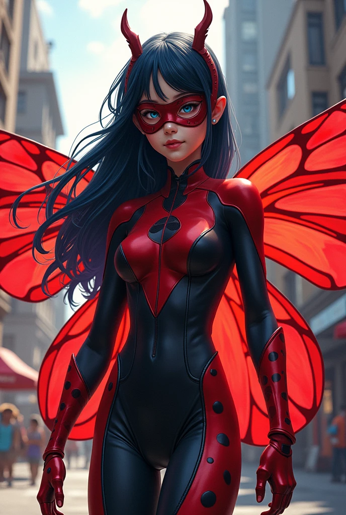 A 14 year old french-chinese girl, light blue eyes, long and silky dark blue hair, who has a beetle themed mask and tight-fitting but body covering hero costume with ladybug wings. It is mainly red and black. Her powers are creation and luck.