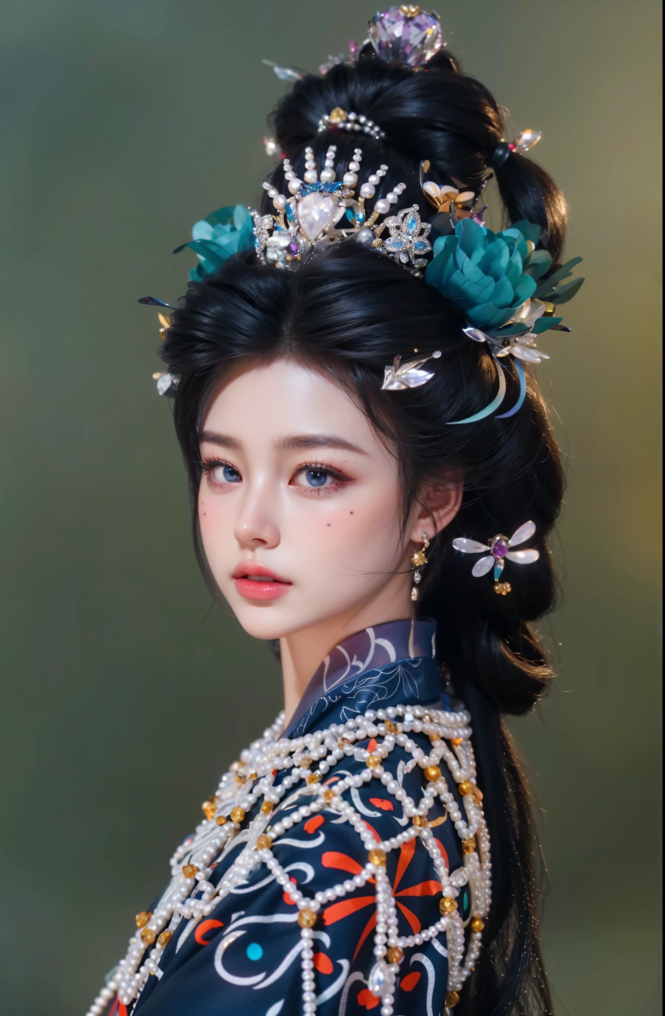 Game Art，Best image quality，Maximum resolution，8K，(A bust photo)，(portrait)，(Head close-up)，(Rule of Thirds)，Unreal Engine 5 rendering works，20 year old girl，((Queen))，The eyes are very detailed，(Large Breasts)，Elegant and noble，light，Ray Tracing，Game CG，((3D Unreal Engine))，OC rendering reflection mode，4K，Ultra-clear，Sensual，Translucent lace，Fair and plump figure，Pretty Face，Glossy Gel Coat，身着华贵礼服的Queen，Crystal Gem Crown，Necklace jewelry，blue eyes，Gorgeous and intricate tattoo designs，Ultra-clear portrait，Sexy thick lips(Red lipstick)，Gorgeous clothing，Diamond Gold，Luxury Costume Jewelry，Diamonds of the Universe，Pearl gemstones