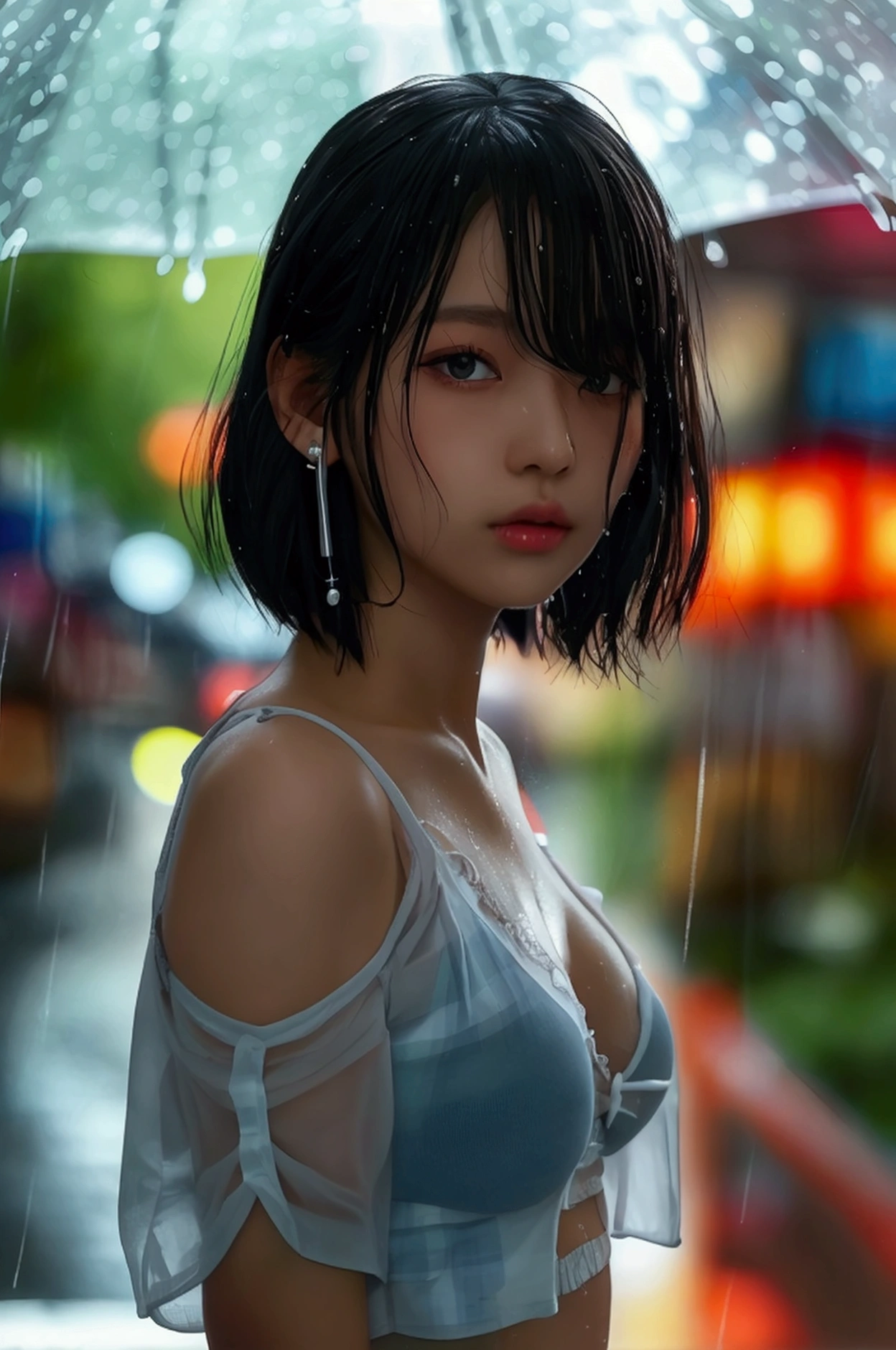 (8k, Photorealistic, Raw photo, Highest quality: 1.4),Japanese idol-style beautiful girl,1 person,,(Short Bob),(Black),She has her hair tucked behind her ears,Clear grey eyes,Eyes moist,Long eyelashes,(piercings(small)),(Lip gloss),lips(Plump,glossy),Skin that is as white and smooth as translucent porcelain,Thin and delicate shoulders,thin abdomen,(blouse(White,Short sleeve)),(bra(Pink)),(Pleated skirt(Plaid)),(socks(Dark blue)),(loafers),summer,On the way home from school,Sudden rain,Soaked from head to toe,My shirt is wet and transparent,On the way home from school,Rain shelter under the eaves,She looks out at the rainy street,(A view from across the street from her front: 1.4),(Full body snapshot: 1.4))
