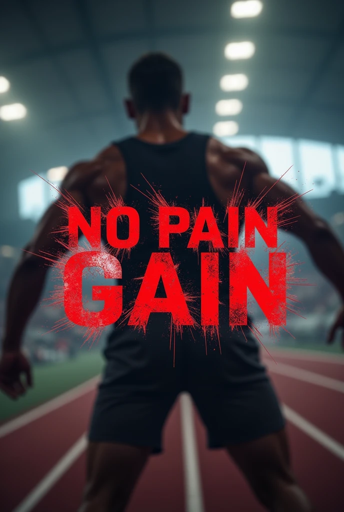 I would like an image in 1080 x 1350, with the following sentence in the center of it "No Pain No Gain" in red with shattering effects, in the background of the image, something that is motivating and draws attention related to sport, Maybe a blurred person that you notice is trying hard like a race or some Olympic sport