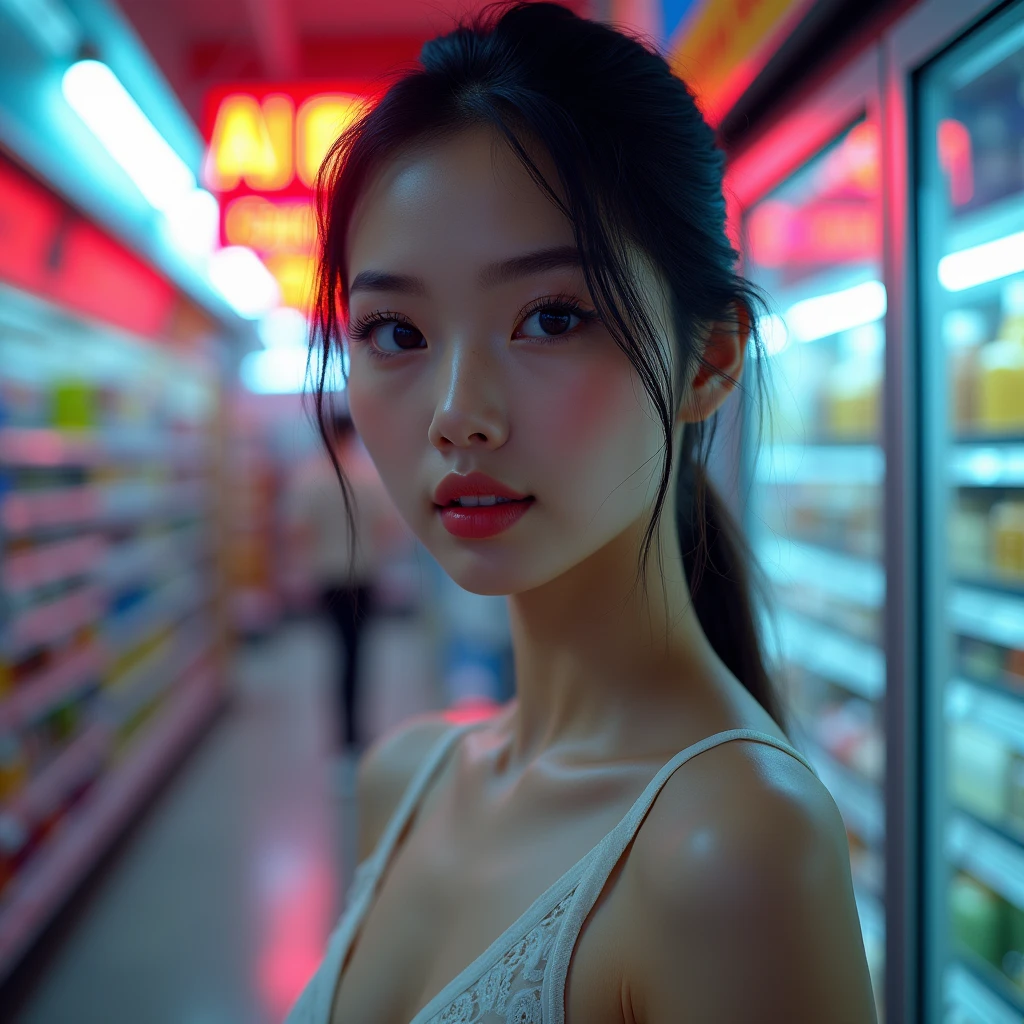 a beautiful young thai korean woman, 20 years old, full body shot, no bra, porcelain white skin, standing in a supermarket, neon light graphic "AI Girl" on the wall in the background, cinematic lighting, photorealistic, intricate details, elegant facial features, long eyelashes, defined jawline, beautiful lips, high resolution, 8k, hyperrealistic, masterpiece, (best quality,4k,8k,highres,masterpiece:1.2),ultra-detailed,(realistic,photorealistic,photo-realistic:1.37),HDR,UHD,studio lighting,ultra-fine painting,sharp focus,physically-based rendering,extreme detail description,professional,vivid colors,bokeh,concept art
