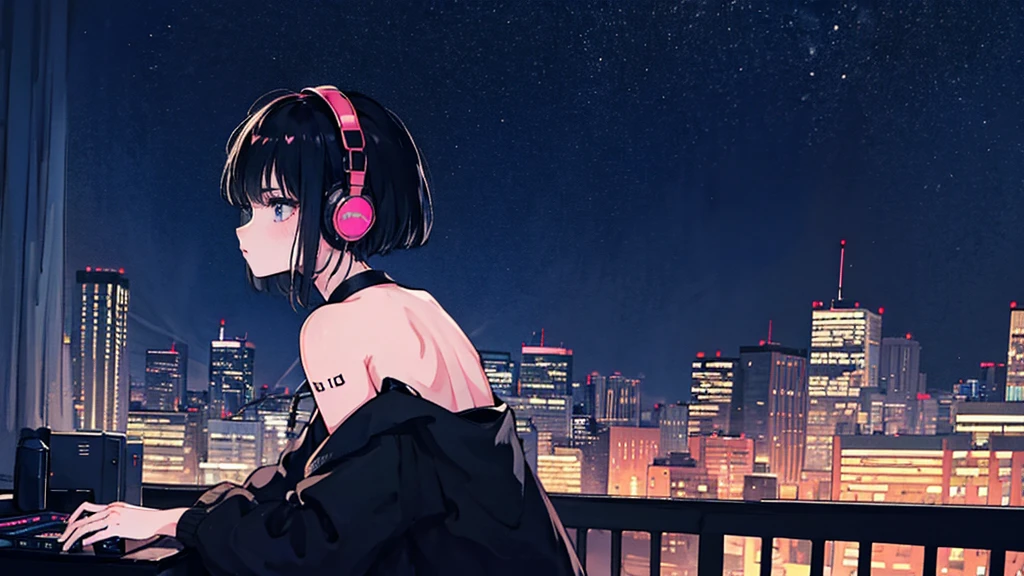 Black short hair, Black clothes, Adult woman looking to the side ,Blue headphones、 City of night, Delicate background、masterpiece、nightの街、night、dark、nostalgic、DJ Mixer