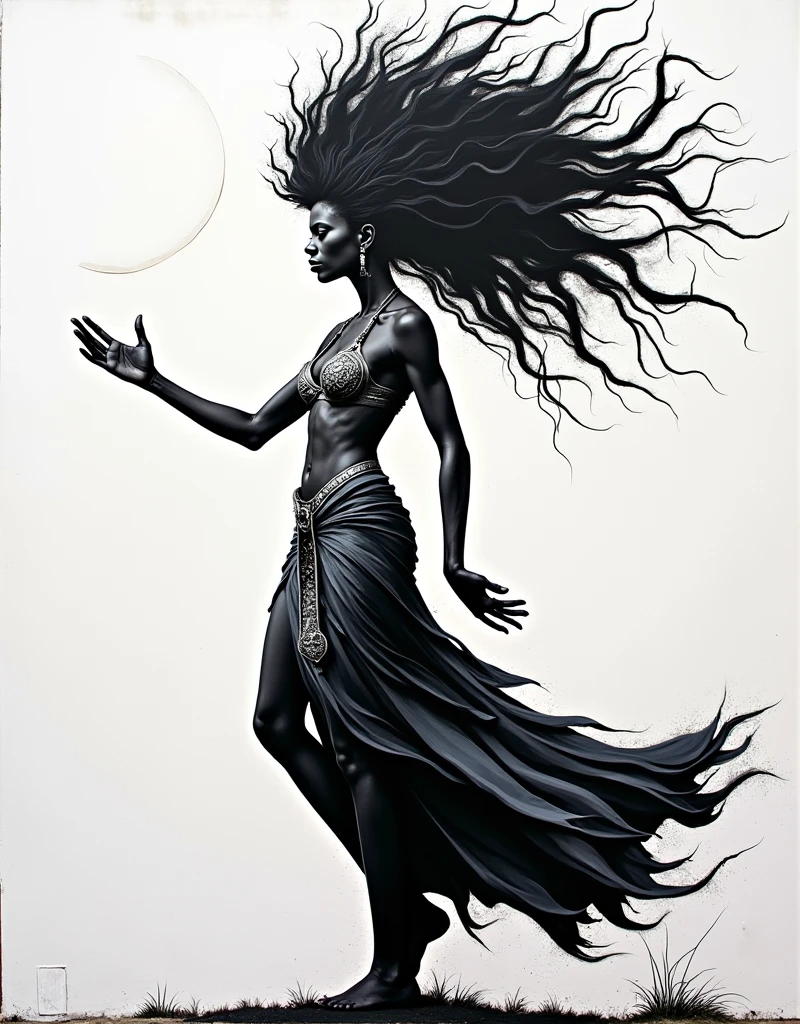 Create colorful Bansky-style art for poetry: IANSÃ commands the winds
And the strength of the elements
At the tip of your guilder
She's a beautiful girl
When the sky falls
Always the beginning and the end black
skin White
background white