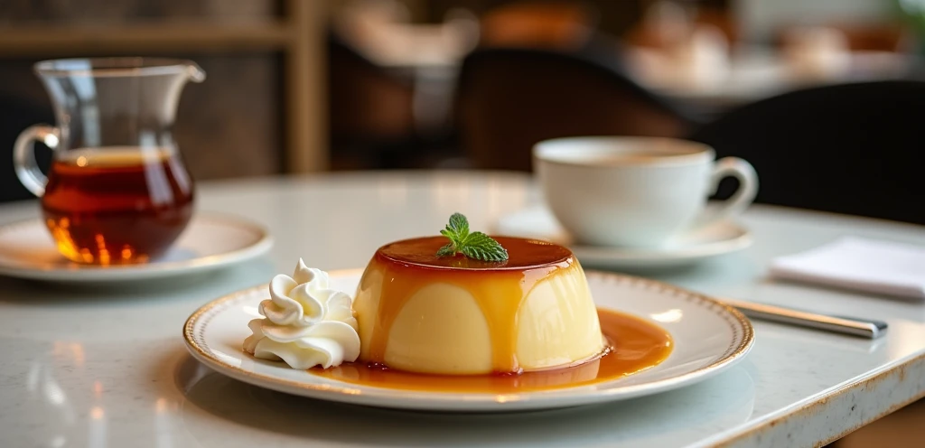 Pudding served at a chic restaurant。 There is a plate on the right side of the table.、There is a cold pudding dripping with caramel on the plate.。Next to the pudding is a dollop of fluffy whipped cream.。 Don't add mint。 There is a cup of tea in the back that is not steaming.。