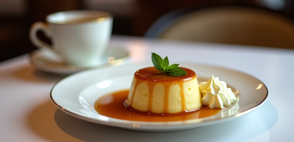 Pudding served at a chic restaurant。 There is a plate on the right side of the table.、There is a cold pudding dripping with caramel on the plate.。Next to the pudding is a dollop of fluffy whipped cream.。 Don&#39;t add mint。 There is a cup of tea in the back that is not steaming.。