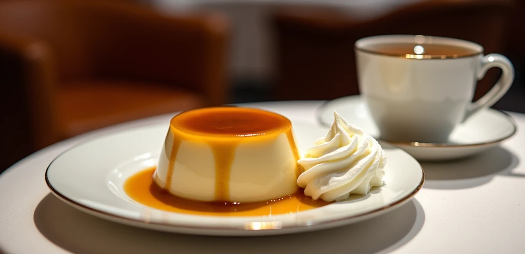 Pudding served at a chic restaurant。 There is a plate on the right side of the table.、There is a cold pudding dripping with caramel on the plate.。Next to the pudding is a dollop of fluffy whipped cream.。 Don't add mint。 There is a cup of tea in the back that is not steaming.。