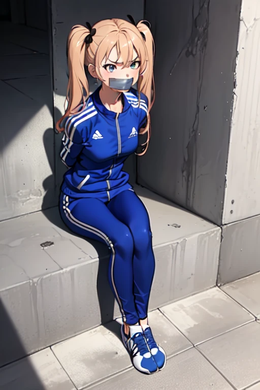 ((1 girl)), ((twin tails)), (sexy),  ((simple_background)), ((concrete floor, concrete wall)), ((underground room)), ((arms behind back)), ((scowl)), ((sitting on the knees)), ((tape gag)),  ((helpless)), ((calm)), ((struggling)), (blue tracksuit,tracksuit,tights pants, long black pants)