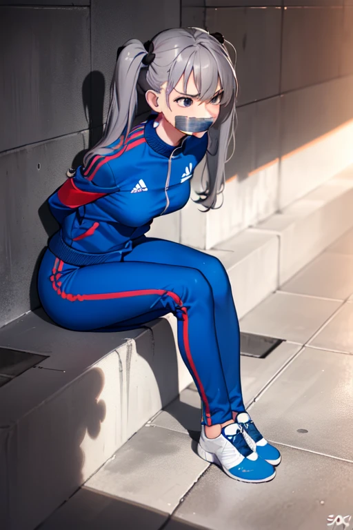 ((1 girl)), ((twin tails)), (sexy),  ((simple_background)), ((concrete floor, concrete wall)), ((underground room)), ((arms behind back)), ((scowl)), ((sitting on the knees)), ((tape gag)),  ((helpless)), ((calm)), ((struggling)), (blue tracksuit,tracksuit,tights pants, long black pants)