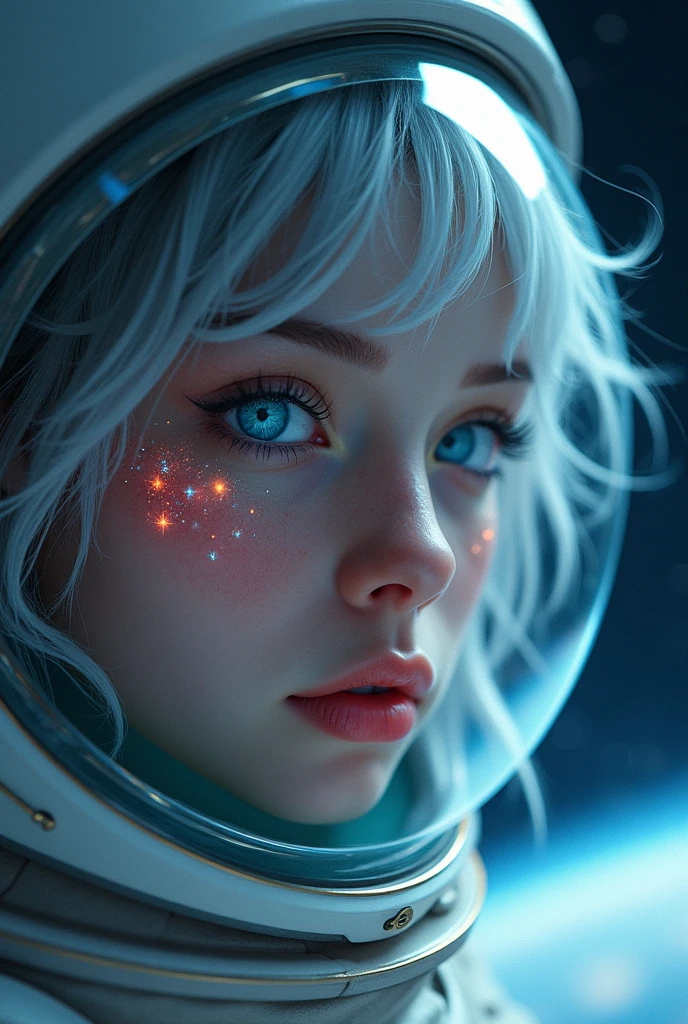 (Close-up of a better masterpiece: 1.5) 0.9], (Space and astronauts: 1.2) (Disheveled silver hair: 1.1) (Xanthochromia heterochromia and blue eyes: 1.2) (space helmet: 1.0) (colorful stars in the eyes: 1.0) (A radiant glow: 1.1) (thick lips: 0.9)