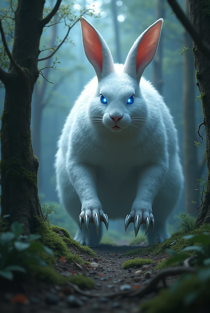 (Photorealism) a big white rabbit with evil eyes shining blue in the forest and has claws on its feet