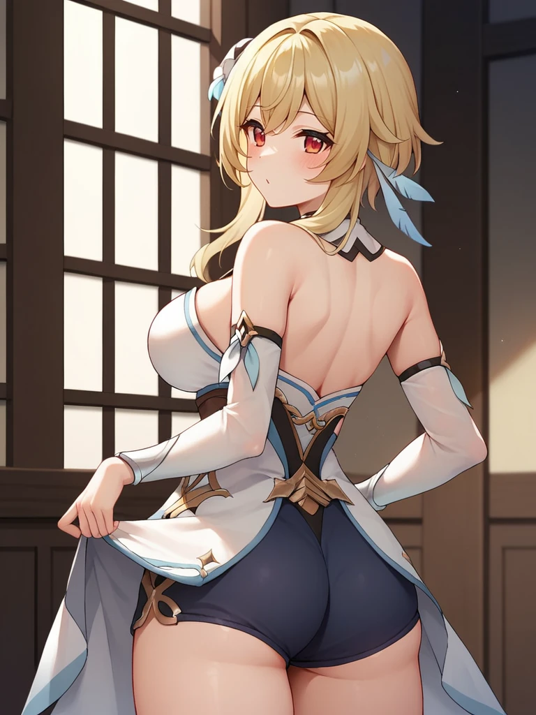 score_9,score_8_up,score_7_up,rating: general,1girl,solo,long hair,breasts,looking at viewer,blush,bangs,large breasts,blonde hair,hair ornament,red eyes,dress,bare shoulders,jewelry,closed mouth, ass, back,from behind,shorts,back,e,lumine, genshin impact,shexyo, shexyo style