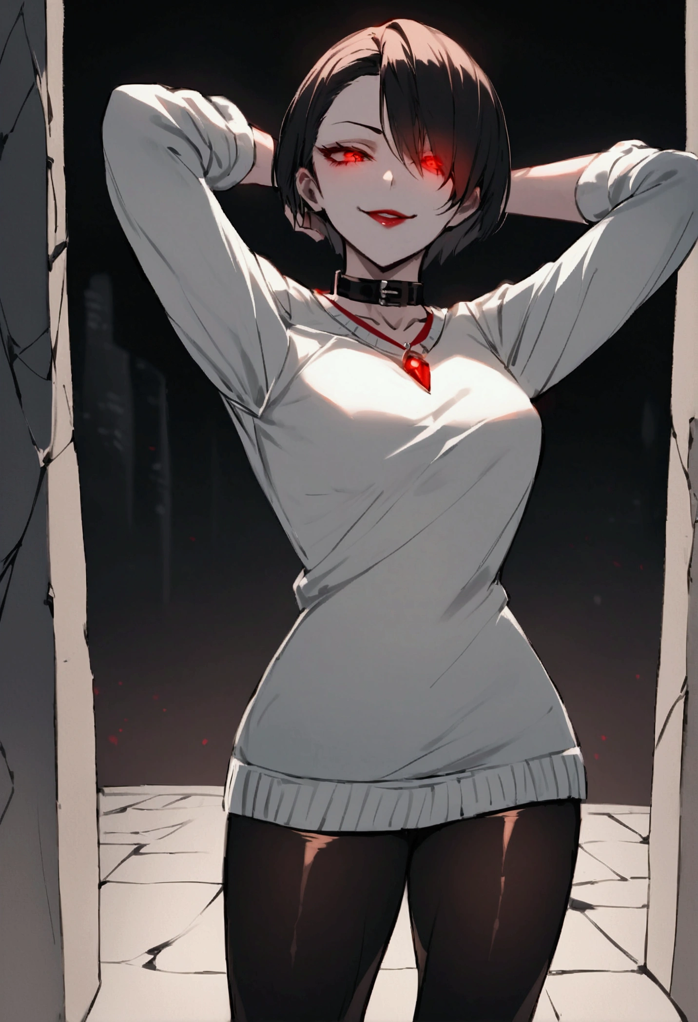 standing,alone,short hair,work of art,face detailed,young fitness linda,Wearing black pantyhose,tight white sweater with collar ,neckleace,evil smile,red eyes glowing,labiaa,eye shadow,bangs on the eyes,Hands behind the head city
