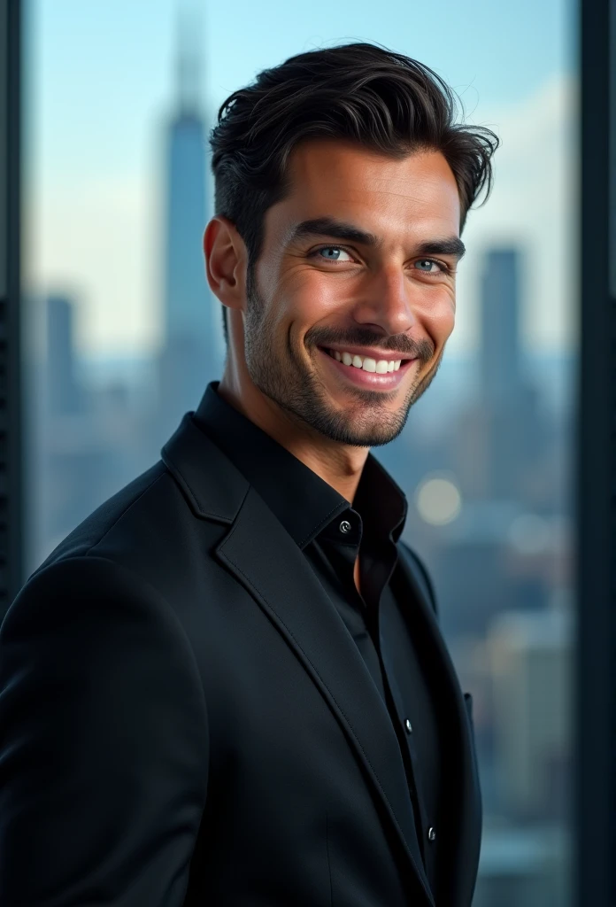 mixed race young man,beautiful detailed blue eyes,DARK hair,black suit,confident expression,sharp jawline,Vibrant skin,smiling,pretty face,standing pose,Cityscape,Professional studio lighting,realisti,photorealisti:1.37,Portraits,Vivid colors,cooler Ton,Soft lighting
