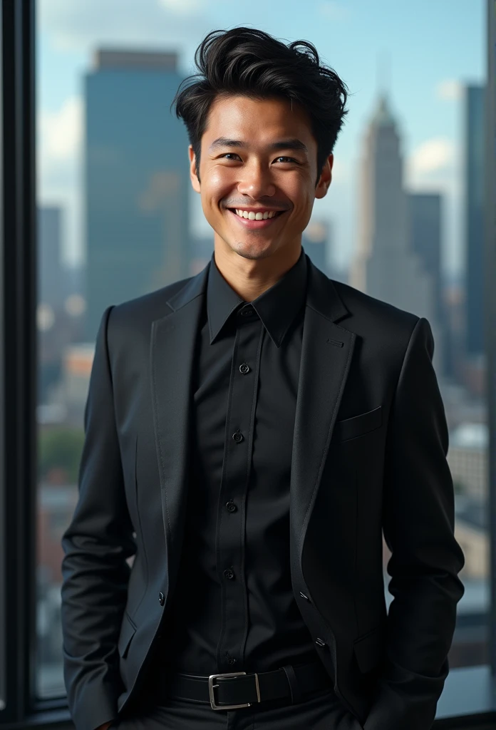 mixed race young man,beautiful detailed blue eyes,DARK hair,black suit,confident expression,sharp jawline,Vibrant skin,smiling,pretty face,standing pose,Cityscape,Professional studio lighting,realisti,photorealisti:1.37,Portraits,Vivid colors,cooler Ton,Soft lighting