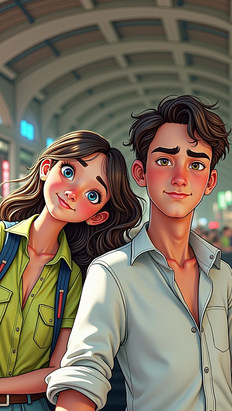 image of two young people , A girl with brown eyes, blusa verde, long brown hair with blonde highlights, smiling, along with a blue-eyed boy, short brown hair, White blouse leaving for California. Pixar-style