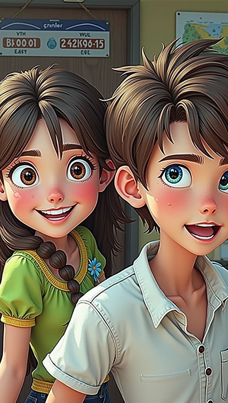image of two young people , A girl with brown eyes, blusa verde, long brown hair with blonde highlights, smiling, along with a blue-eyed boy, short brown hair, White blouse leaving for California. Pixar-style