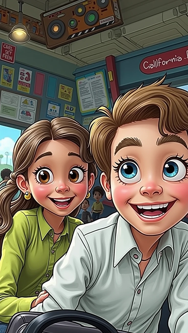 image of two young people , A girl with brown eyes, blusa verde, long brown hair with blonde highlights, smiling, along with a blue-eyed boy, short brown hair, White blouse leaving for California. Pixar-style