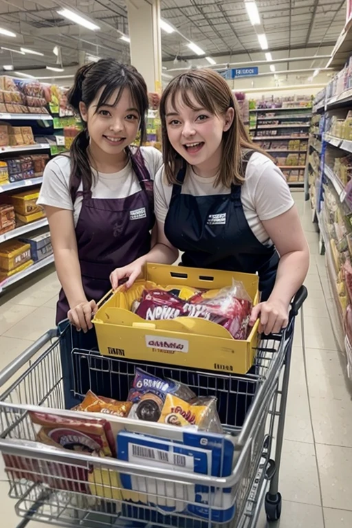 Happy disabled people working in a supermarket