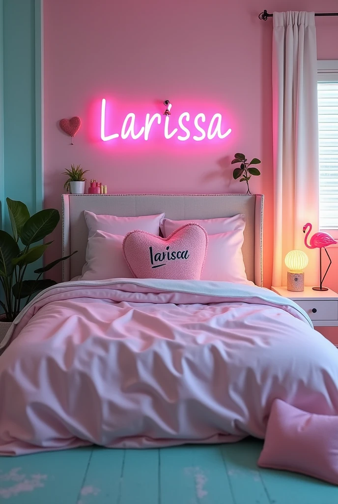 A room for a modern woman, a pink heart pastel e azul ciano pastel, a sign above the headboard that says Larissa with the microphone symbol, strawberry pillow with the name Larissa, a pink heart, plants, a flamingo lamp, on the nightstand 