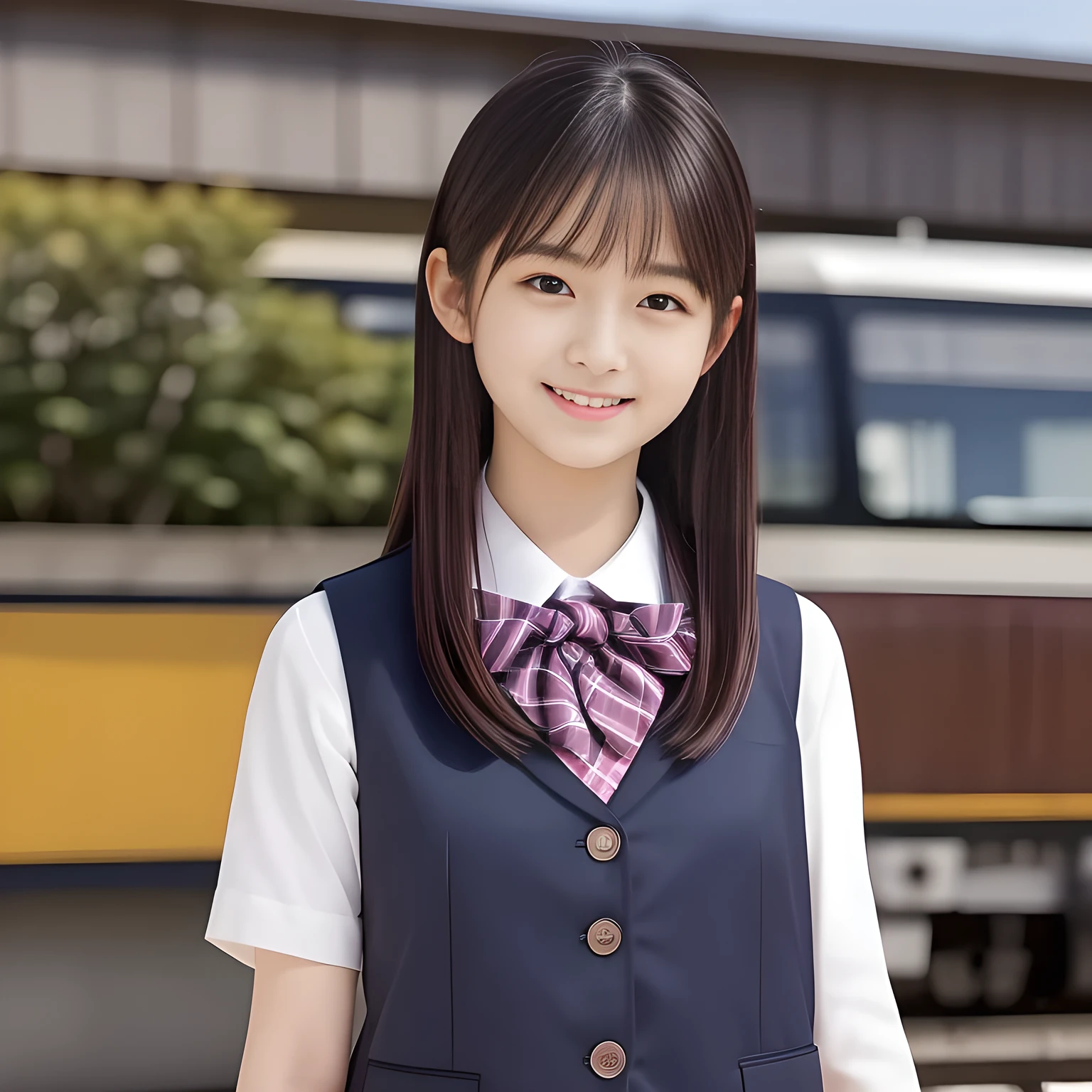 (highest quality, masterpiece, high resolution:1.2), 4K, (Photo quality detailed face: 1.4), (Giorgione painting style: 0.8), geometry, (13 yo cute girly Japanese girl is turning her face to me and looking me while boarding into the bullet-train at a railway station platform: 1.2), Laughing cutely, (neat girly white short-sleeves school blouse: 1.0), (puffed short sleeves: 1.0), (Dark red glossy school ribbon on the breast: 1.0), (Gray Japanese school girly vest Uniform: 1.2), (Box-pleated gray short school skirt: 1.4), (Extremely laughing cheeks: 1.0), (Beautiful light-amber cute-dolly large clear eyes with detailed cutely: 1.4), (Long bottom eyelashes: 1.2), (Expressing the greatest joy with her whole body: 1.2), (Glossy lips: 1.0), (Super-straight super-long hair: 1.5), (white and clear skin: 1.0), (Promoting Shampoo: 1.2), Hundreds of beautiful succubus arms, many many arms of succubi are catching me now.