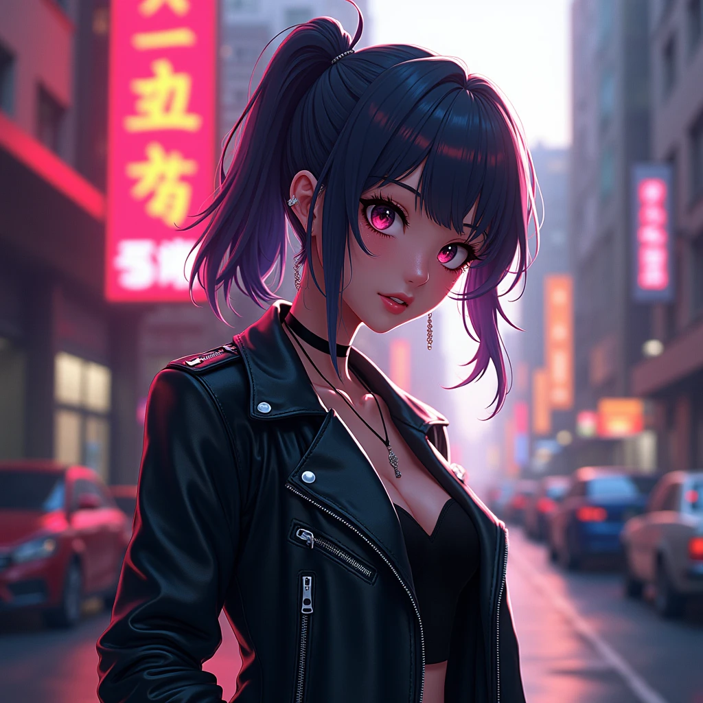 Black Leather Jacket, anime art style, anime digital art, expressive anime art, dynamic composition, anime style, vibrant, studio anime, highly detailed, full body, (best quality, masterpiece, photorealistic), very aesthetic, perfect composition, intricate details, ultra-detailed, vivid colors