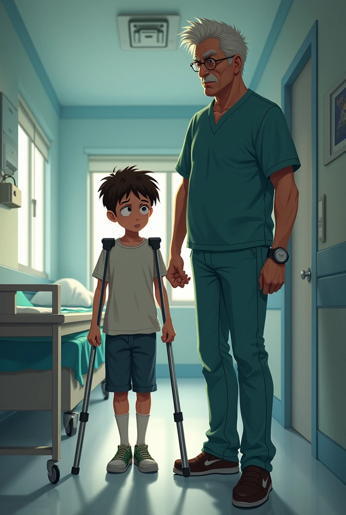 A thin twelve year old boy. He is very nervous looking introvert, skinny and weak. Bad at sports also a coward. He had broke his leg and is walking on crutches his father was next to him silent and angry because he was coward and fool. The background is hospital. The father is not that old. The father is not old is of around 50 years old
