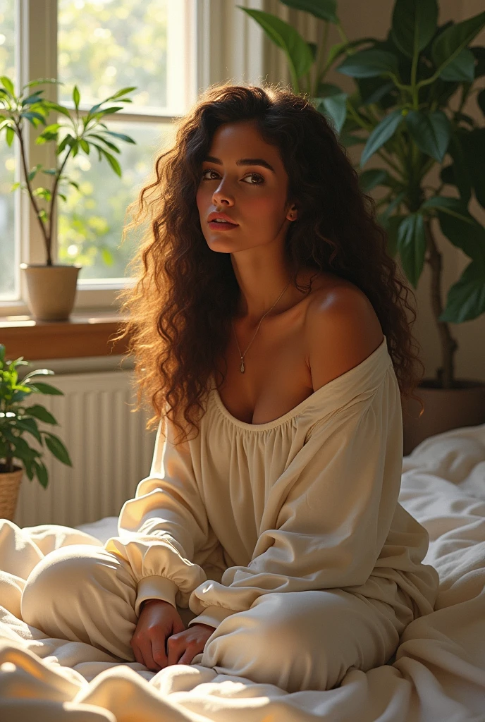 (photorealism:1.2), beautiful woman, sitting on bed, wearing loose off-shoulder top, pajama pants, long curly hair, indoors, soft lighting, plants in background, window with sunlight, cozy room, relaxed pose, realistic, intricate details, warm colors, by Greg Rutkowski, by Alphonse Mucha