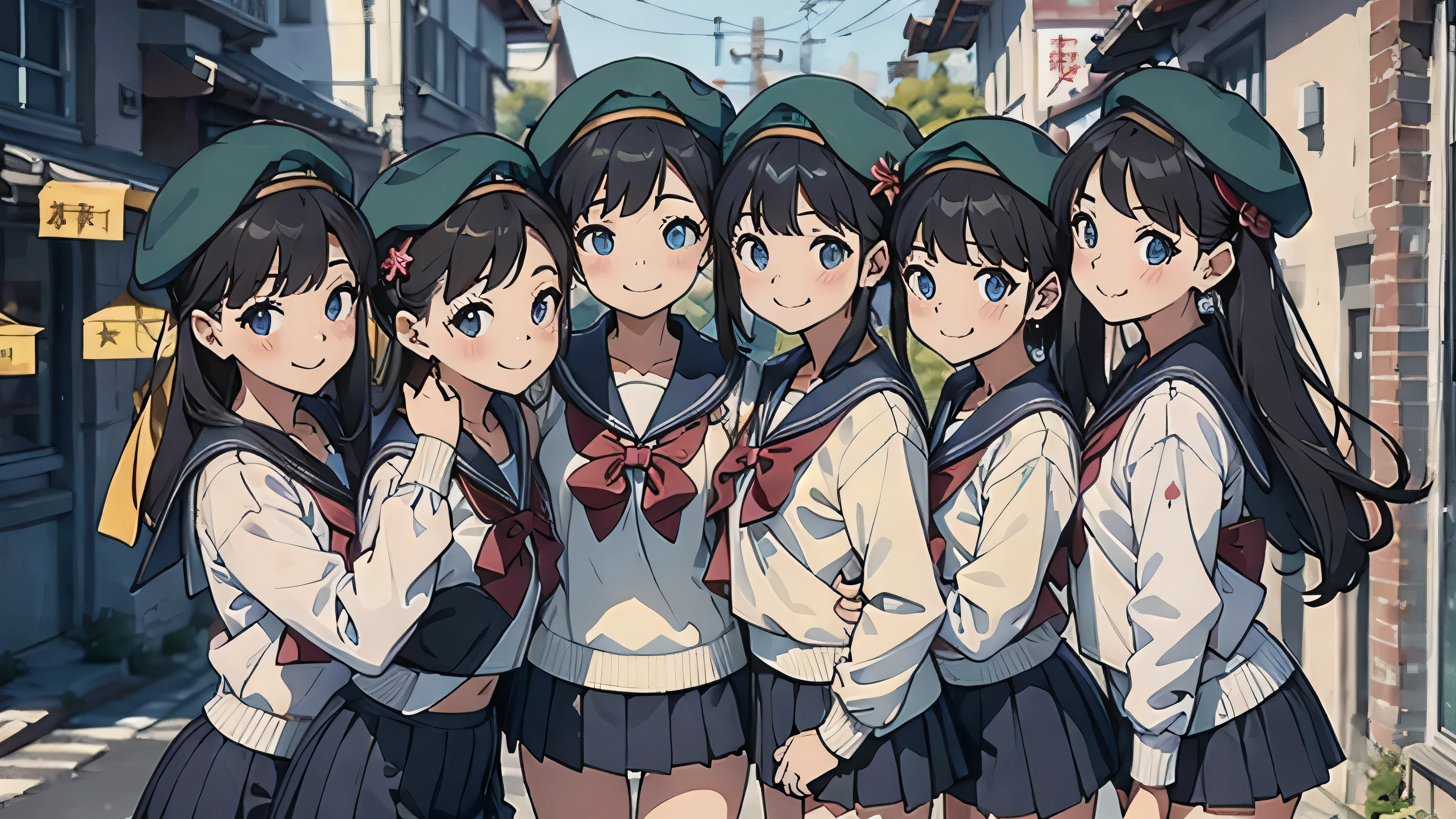 cute、daily、Group photo、Smiling face、Sailor suit、mini skirt、beret、50mm lens、