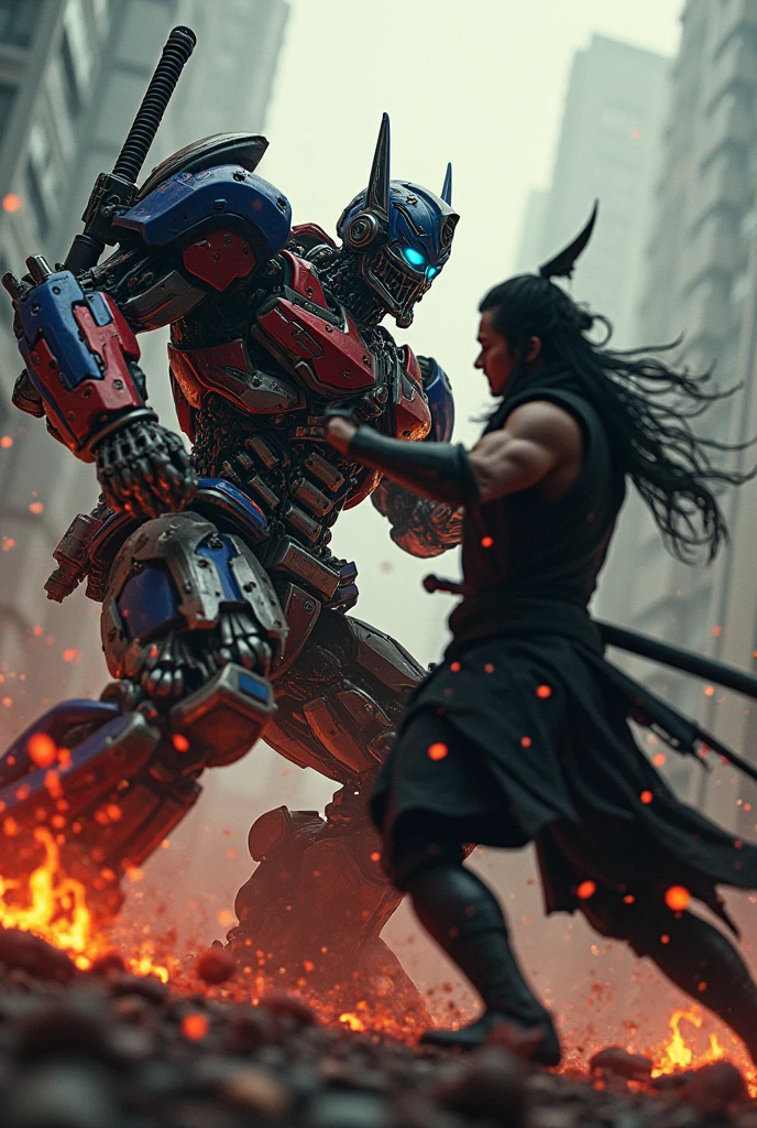 Optimus Prime, Tanjiro, mech warrior, samurai, human anatomy, detailed flesh and blood, extreme violence, gory, dynamic action pose, cinematic lighting, highly detailed, photorealistic, 8K, HDR, intricate details, dramatic shadows, intense colors, moody atmosphere