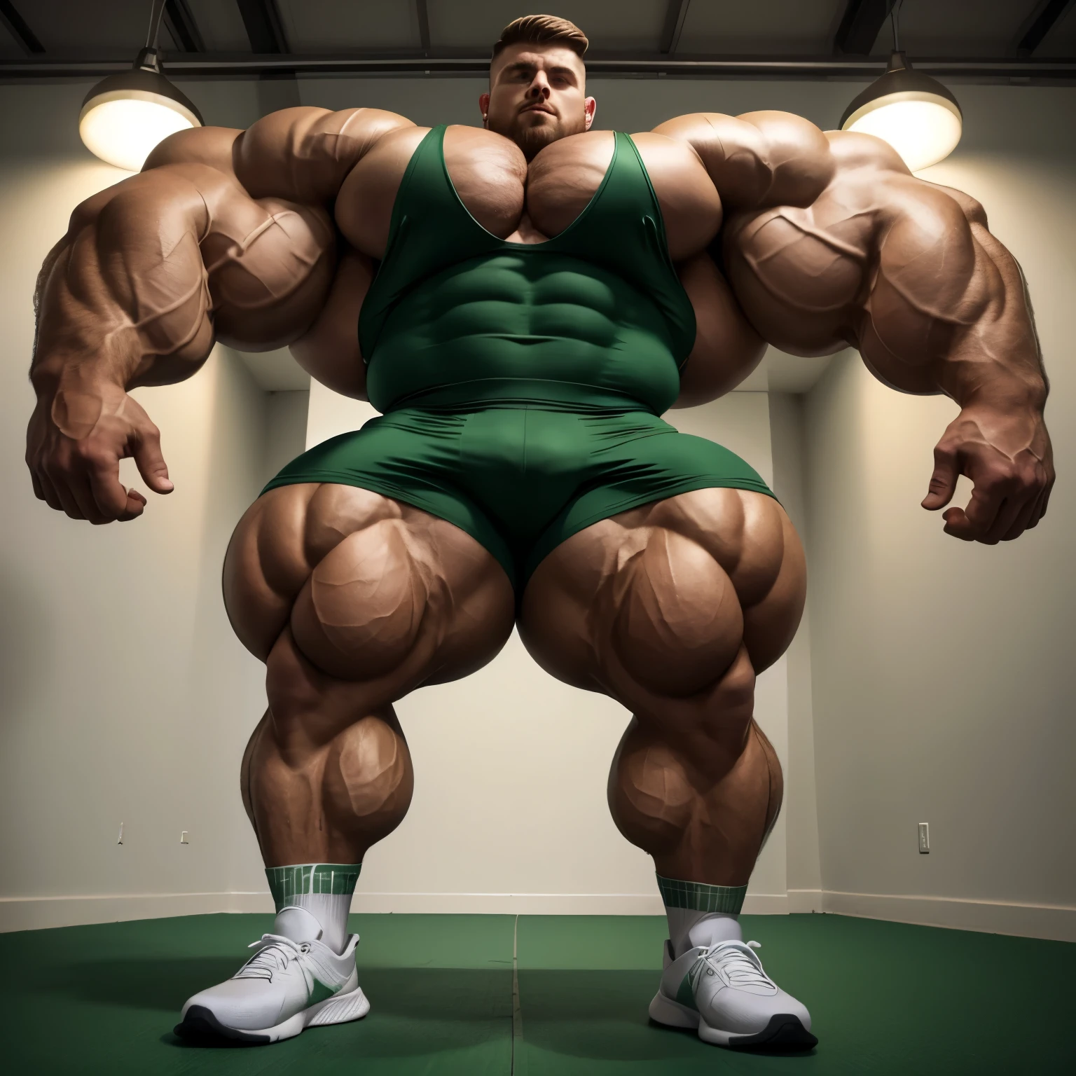 full view full body, A white bodybuilder male with undercut light-brown haircut, is wearing a tight lycra dark-green shirt and dark-green lycra shorts, green lycra socks and white trainers , showing his over-Muscular arms up .he has enormous swollen pumped muscles and huge cannonball triple-biceps bigger than his head with enormous over-inflated pecs and extremely wide shoulders and back.. swallowed on the ground, frightened, badly beathen by a skinny poor 