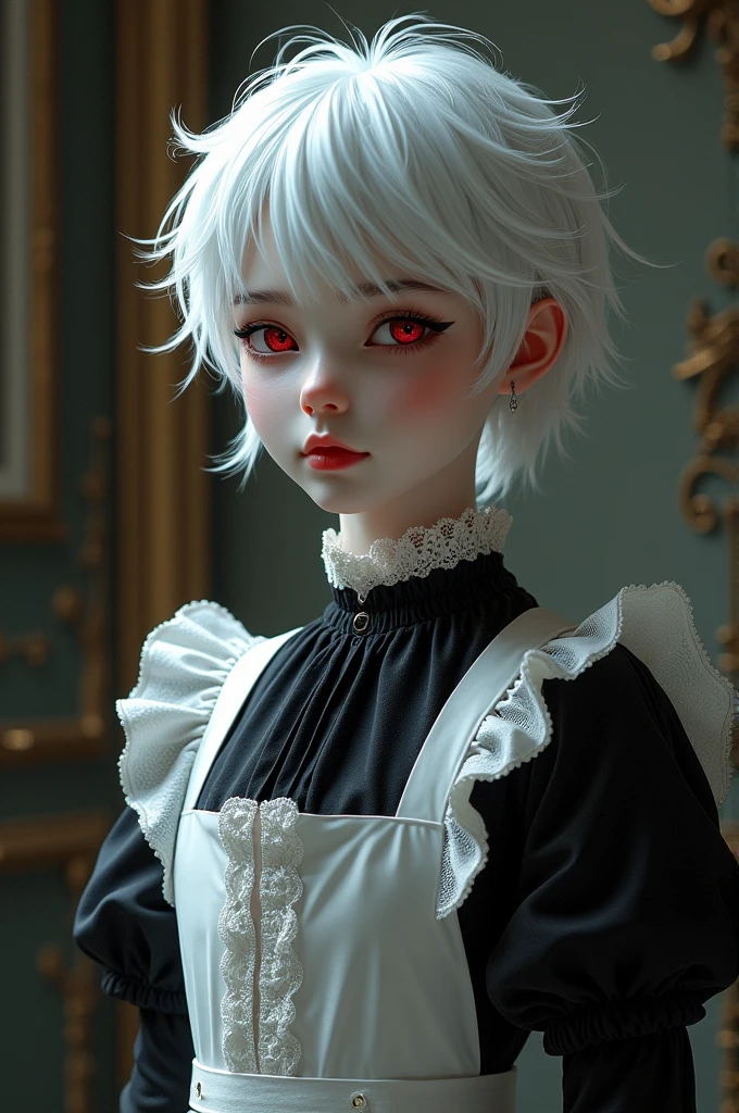 vampire boy white hair red eyes maid dress
