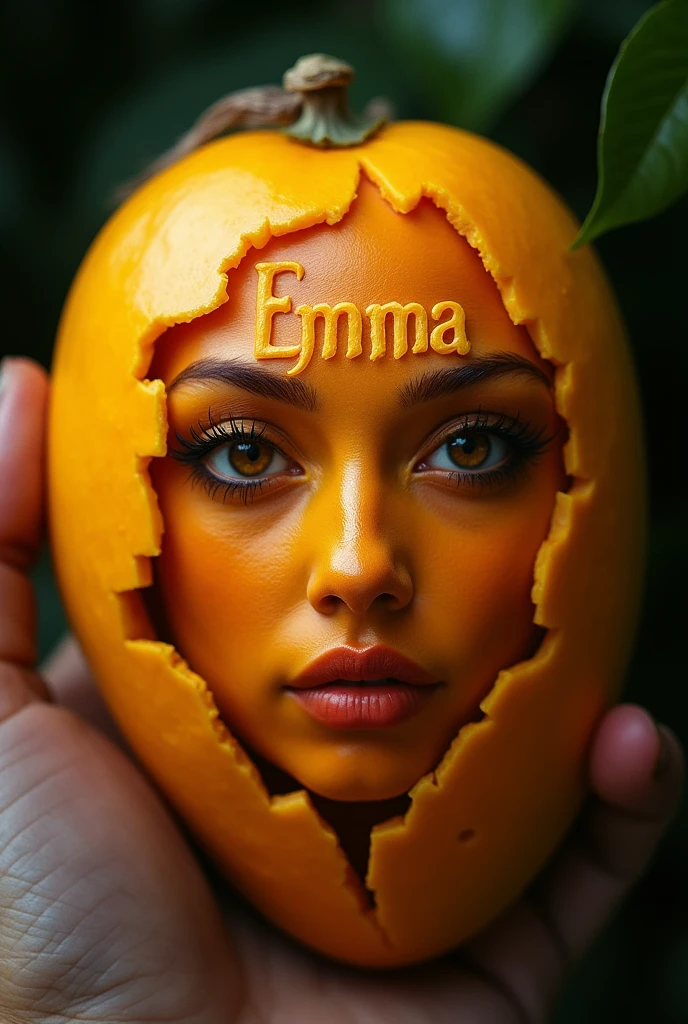 Who is Emma? text carved on a mango
