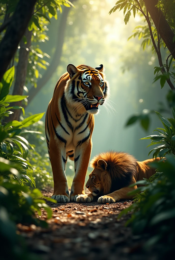 Size:1080×1920
Prompt:A dramatic scene in a lush, dense jungle at dawn where a powerful tiger emerges victorious over a lion. The tiger stands tall, muscles rippling, its eyes sharp and focused. The defeated lion lies on the ground, its mane disheveled, looking exhausted. The scene is highly detailed, with the sunlight piercing through the trees, casting shadows and highlighting the tiger’s dominance. The style should evoke the sense of realism mixed with a painterly touch.Lion lying on the ground. (best quality,4k,8k,highres,masterpiece:1.2),ultra-detailed,(realistic,photorealistic,photo-realistic:1.37),HDR,studio lighting,extremely detailed face and body, portrait,cinematic lighting,dramatic lighting,warm color tones,dramatic colors

