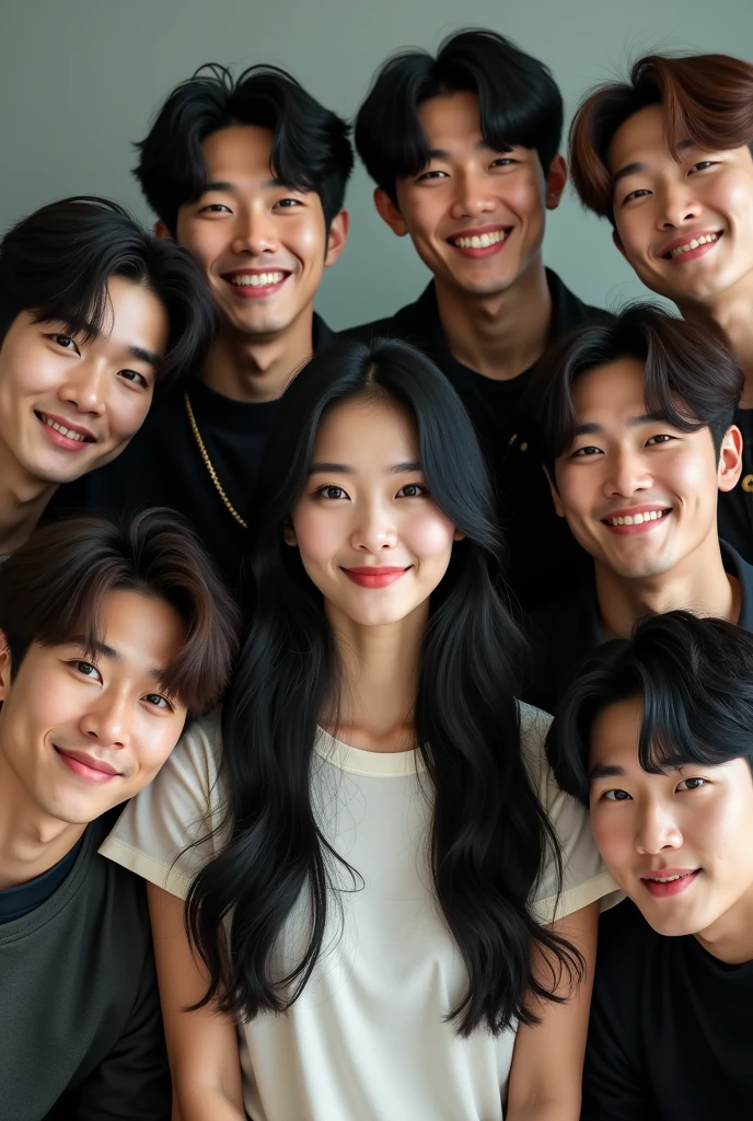 1 woman with long black hair and tshirt, 7 men kpop artists, smiling, looking at front, everyone's face seen clearly like real people