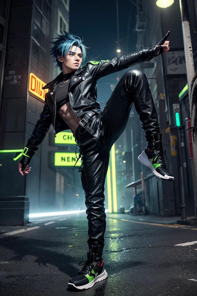 Here’s a character design for the male character:
**Name**: Neon Strike
**Appearance**: Neon Strike is an 18-year-old with a lean and athletic build, perfectly suited for his agile and swift movements. He has short, spiky hair dyed a vibrant neon green, matching his overall edgy and rebellious look. His eyes are a piercing shade of blue, always filled with a mischievous glint.
**Outfit**: His outfit is a fusion of street art and punk style, with a strong neon green theme. He wears a neon green hoodie with graffiti-style designs splashed across it, paired with a sleeveless, studded leather jacket. His pants are slim, black cargo pants with multiple zippers and pockets, allowing for easy storage of small tools and gadgets. He completes the look with fingerless gloves, neon green high-top sneakers, and a few chain accessories hanging from his belt loops.
**Powers and Abilities**: Neon Strike is incredibly agile, with the ability to move at lightning speed, making him a blur in the eyes of his enemies. His swift movements are enhanced by his keen reflexes and acrobatic skills, allowing him to navigate urban environments with ease. Whether it’s parkour, free running, or quick combat, he excels in using his environment to his advantage.
**Personality**: Neon Strike is bold, rebellious, and loves to challenge authority. He has a playful, sometimes cocky attitude, often taunting his opponents with quick-witted remarks. Despite his brash exterior, he’s deeply loyal to those he considers friends and is always ready to stand up for the underdog. His love for street art reflects his creative side, and he often leaves his signature graffiti tag in places where he's completed a mission or escaped from danger.
Would you like to see a visual representation of Neon Strike as well?