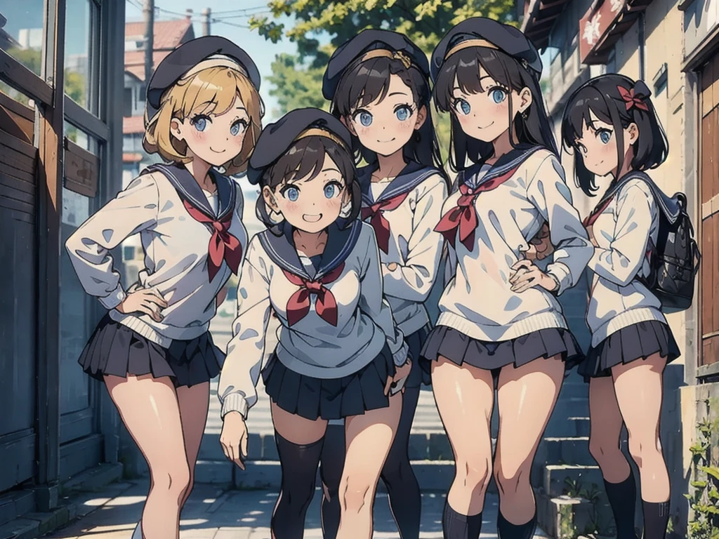 cute、daily、Group photo、Smiling face、Sailor suit、mini skirt、beret、50mm lens、
