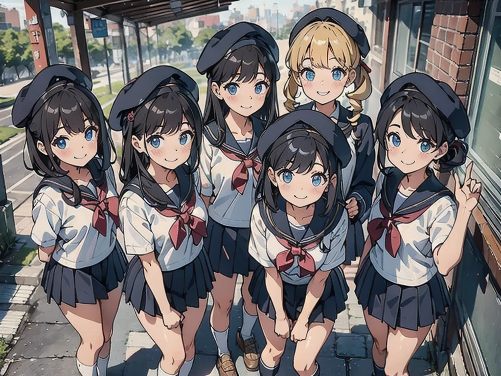 cute、daily、Group photo、Smiling face、Sailor suit、mini skirt、beret、50mm lens、