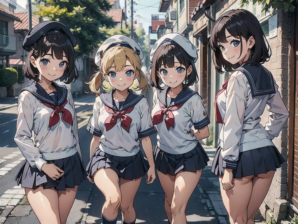  cute、daily、Group photo、Smiling face、Sailor suit、mini skirt、beret、50mm lens、