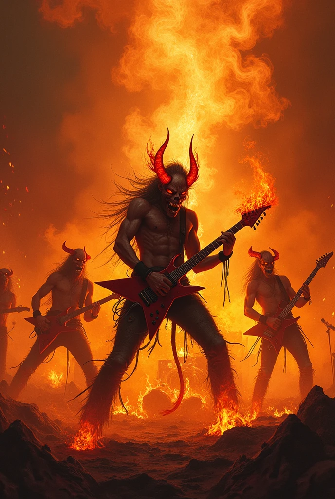 On stage surrounded by flames，A demonic musician frantically plays a burning guitar，Surrounded by a group of demonic band members also surrounded by flames，Their playing shook the hell，Smoke and fire interweave into a shocking picture。