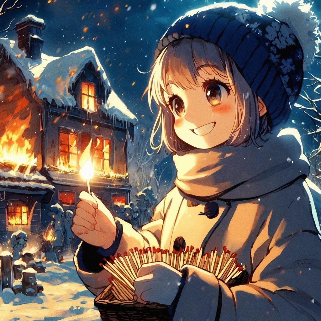 Bold brushstrokes, anime style illustration, midsummer night, crazy fun, movie lighting, 19th century, European winter night, burning house, the little match girl watching, she lights a match with a satisfied smile, she is wearing a coat and holding a basket of matchboxes in her arms.