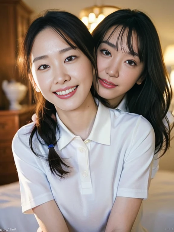 (Masterpiece, Best quality:1.3), (Ultra realistic, Photo-realistic:1.2), Natural light, 28 years old actress, Japanese 2 women, Neat and clean, (White tennis uniform, White short-sleeve polo shirt with darknavy line collar:1.1), (unbutton:1.3), (White pleated skirt:1.1), white sock, (ponytail:1.2), (Beautiful face), Oval face, clear, Beautiful eyes, Kind eyes, Clear skin, Small face, Beautiful mouth, Small mouth, Natural makeup, Approachable, (nsfw:1.1), Seductive smile, (Seductive pose:1.2), (Beautiful thighs:1.1), (Bedroom eyes:1.1), Embarrassed, Blush, Luxury hotel Suite room, On bed, Hidden camera installed in suite room captures obscene reality of girls high school, (lesbian couple , petting together:1.2), (grabbing crotch, 2 girls erotic hag:1.1),
