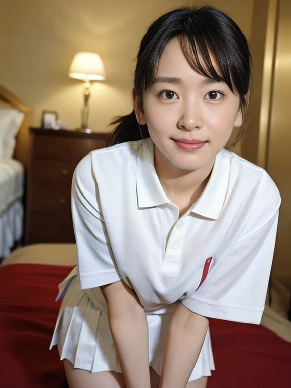 (Masterpiece, Best quality:1.3), (Ultra realistic, Photo-realistic:1.2), Natural light, 28 years old actress, Japanese 2 women, Neat and clean, (White tennis uniform, White short-sleeve polo shirt with darknavy line collar:1.1), (unbutton:1.3), (White pleated skirt:1.1), white sock, (ponytail:1.2), (Beautiful face), Oval face, clear, Beautiful eyes, Kind eyes, Clear skin, Small face, Beautiful mouth, Small mouth, Natural makeup, Approachable, (nsfw:1.1), Seductive smile, (Seductive pose:1.2), (Beautiful thighs:1.1), (Bedroom eyes:1.1), Embarrassed, Blush, Luxury hotel Suite room, On bed, Hidden camera installed in suite room captures obscene reality of girls high school, (lesbian couple , petting together:1.2), (grabbing crotch, 2 girls erotic hag:1.1),