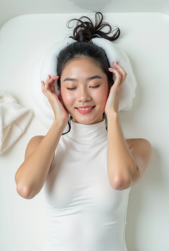 Create an Asian middle-aged beauty，Cute huge  and big ass，White turtleneck bodysuit，White leggings，Scratching the scalp with both hands，Two hands washing hair on top of head，There is a lot of foam on the head，Foam wrap head，Realistic foam，The expression is happy，front，The characters are realistic and realistic，Pure white background，Character front position，9:16 frames，Ultra-high-definition picture quality

