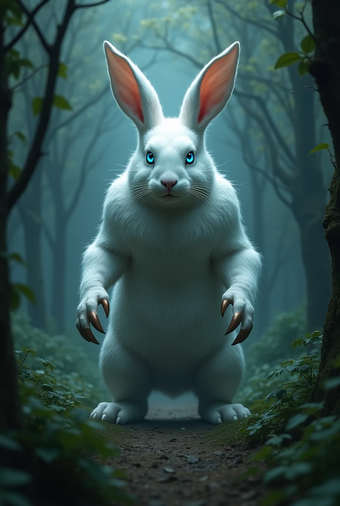 (Photorealism) a silhouette big white rabbit with evil eyes shining blue in the forest and has claws on its feet