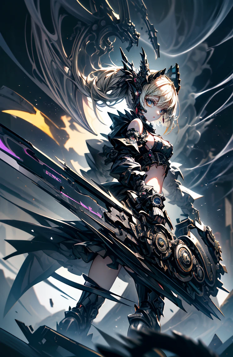Thumbelina、super high quality、8K quality、High resolution、Image quality captured with a single-lens reflex camera、(software)、Perfect Anatomy、(1. The theme is Gothic Punk Girl)Beautiful blonde 15 year old girl.Orange eyes、(Good shape、Normal chest、Cleavage)、(Black mechanical parts for arms and legs、3D, Realistic mechanical parts)(Mechanical parts wings on the back)(Equipped with a chainsaw:1.2)break、(Perfect Anatomy:1.4)break(Rear view、Recall、avert your eyes:1.3)Petals flutter(Smoke rising from the battlefield、Twilight:1.5) ,((A bipedal rabbit wearing a morning coat and holding a watch))