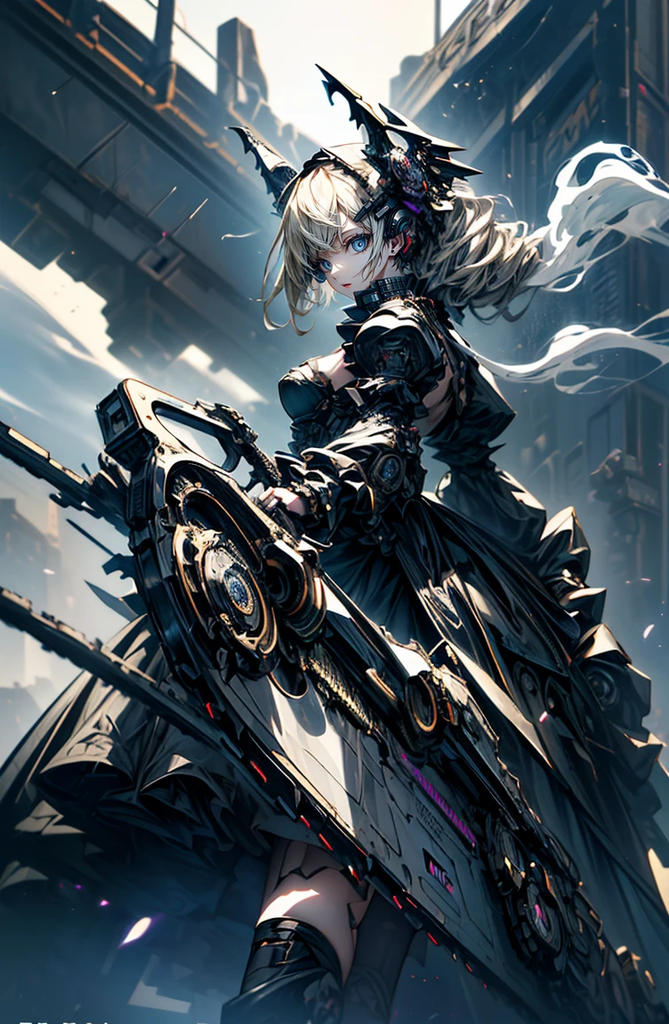 Thumbelina、super high quality、8K quality、High resolution、Image quality captured with a single-lens reflex camera、(software)、Perfect Anatomy、(1. The theme is Gothic Punk Girl)Beautiful blonde girl.Orange eyes、(Good shape、Normal chest、Cleavage)、(chanical parts for arms and legs、3D, Realistic mechanical parts)(Mechanical parts wings on the back)(Equipped with a chainsaw:1.2)break、(Perfect Anatomy:1.4)break(Rear view、Recall、avert your eyes:1.3)Petals flutter(Smoke rising from the battlefield、Twilight:1.5) ,((A bipedal rabbit wearing a morning coat and holding a watch))