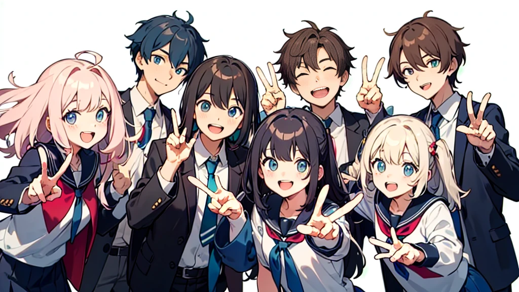 The background is a classroom。The boys and girls are laughing out loud with big, happy smiles.。The five fingers are drawn in a natural way.。Palms pointing upwards。Doing a peace sign with your hand。