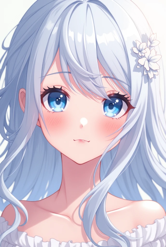 Anime Girl with long, loose white hair, blue eyes and sweet face