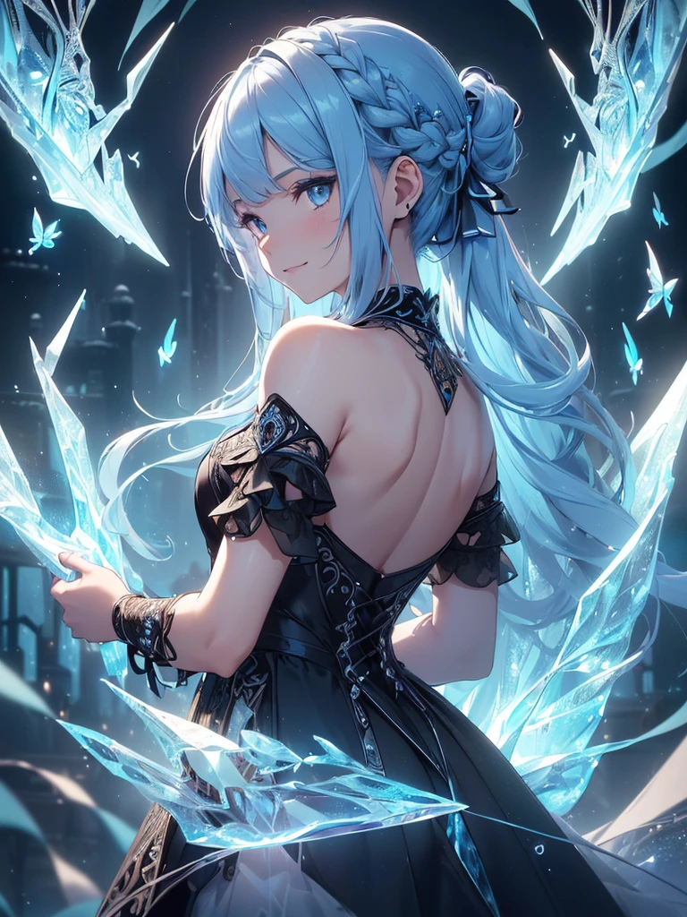 (((best quality, sharp image, clear image, cinematic lighting, 8k resolution, masterpiece, ultra detailed, intricate))) Girl, (((looking over shoulder))),shot from behind, sorcerer, cute, ice blue hair, intricate dress, black dress, braided hair, ribbons in hair, smiling, Ice blue, ((intricate background)), (rune frame), dimension, (ice butterflies), ice roses.
