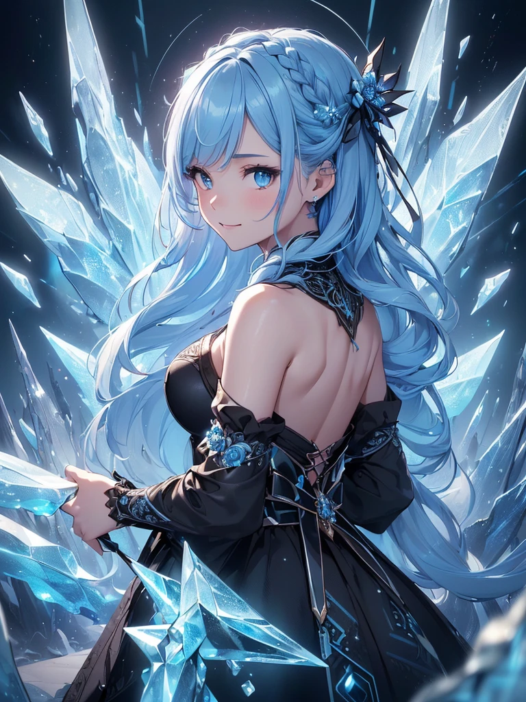 (((best quality, sharp image, clear image, cinematic lighting, 8k resolution, masterpiece, ultra detailed, intricate))) Girl, (((looking over shoulder))),shot from behind, sorcerer, cute, ice blue hair, intricate dress, black dress, braided hair, ribbons in hair, smiling, Ice blue, ((intricate background)), (rune frame), dimension, (ice butterflies), ice roses.